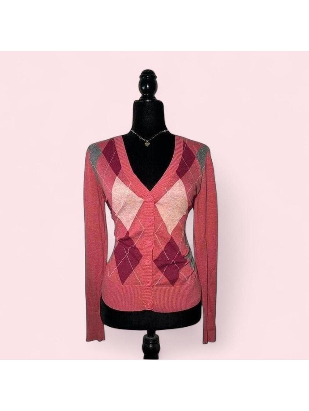 St Johns Bay Pink Argyle Cardigan Preppy Soft Girl Size S